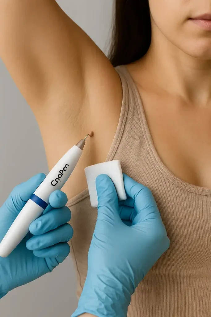 woman having cryopen to remove underarm skin tags Ponders End