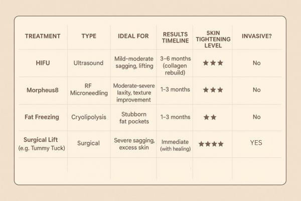 Table showing the comparisons of Skin tightening Ponders End treatment options.